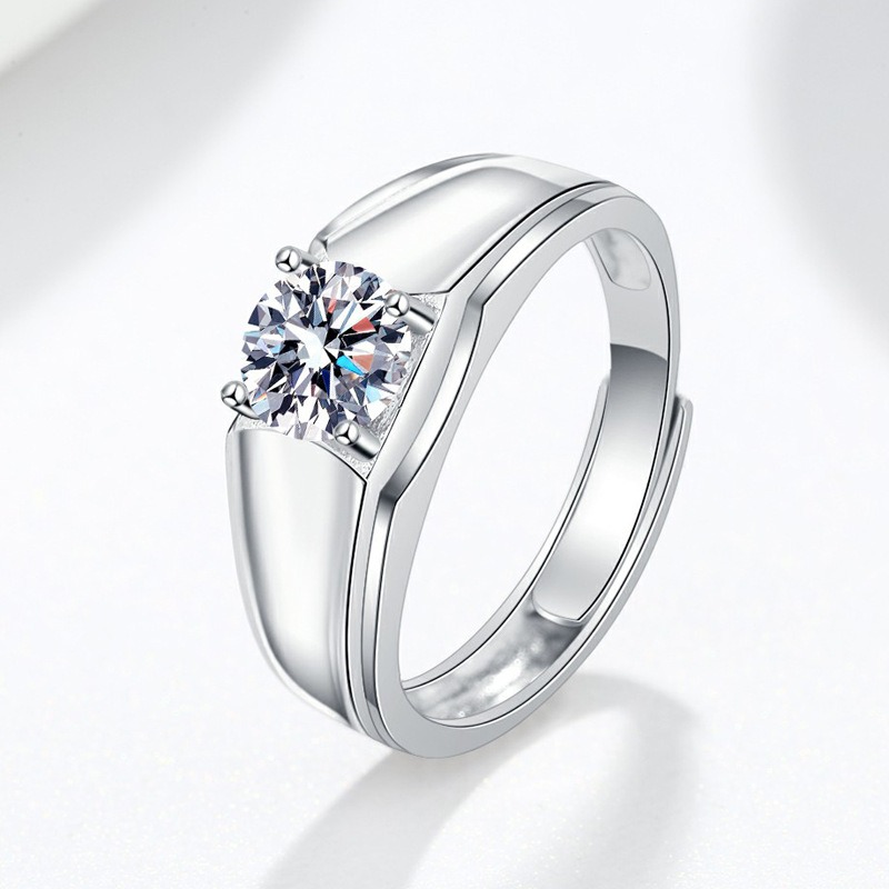 S925 Sterling Silver Ring Four Prongs 1 Carat GRA Moissanite Open Adjustable Men's Ring - Image 2