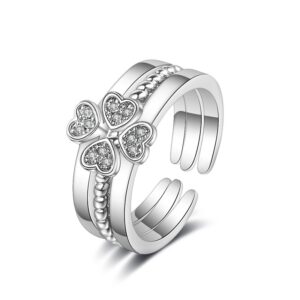 S925 Sterling Silver Ring 3-in-1 Combo Open Adjustable Clover Ring for Women