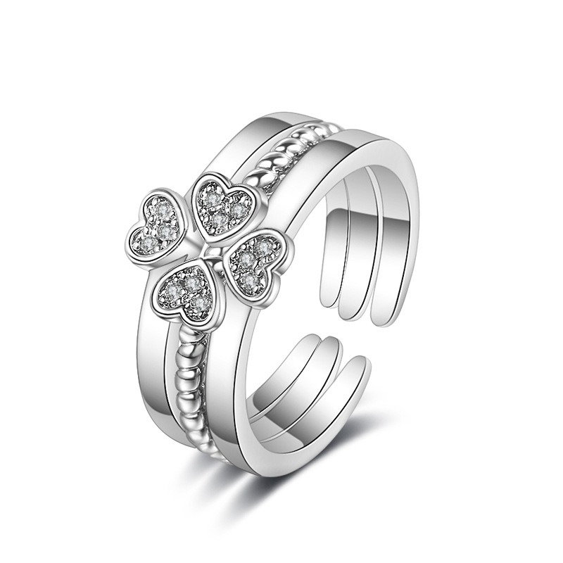 S925 Sterling Silver Ring 3-in-1 Combo Open Adjustable Clover Ring for Women