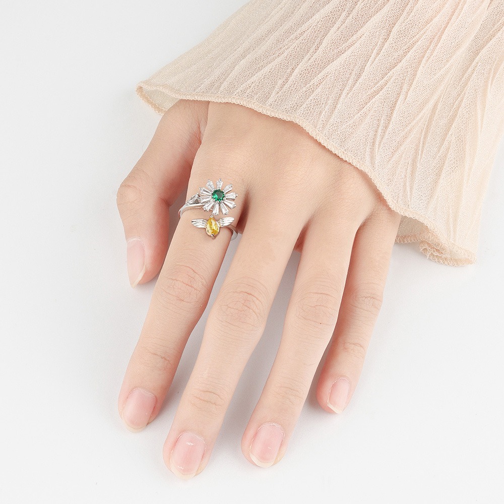 S925 Sterling Silver Ring Rotatable Bee Flower Opening Adjustable Ring for Women - Image 5