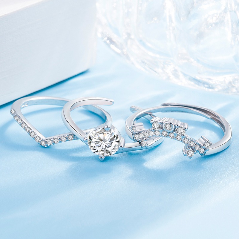 S925 sterling silver ring opening adjustable 3-in-1 combo ring for women - Image 3