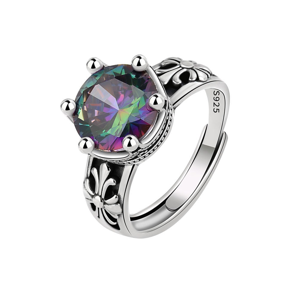 S925 Sterling Silver Ring Opening Adjustable Colored Diamond Ring for Women
