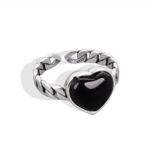 S925 sterling silver ring opening adjustable heart agate ring for women