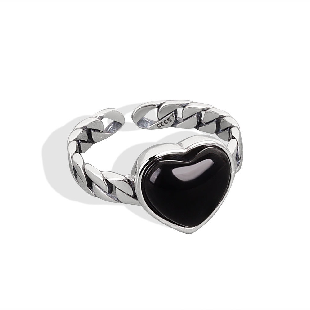 S925 sterling silver ring opening adjustable heart agate ring for women