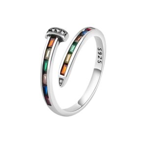 S925 Sterling Silver Ring Opening Adjustable Rainbow Nail Women's Ring