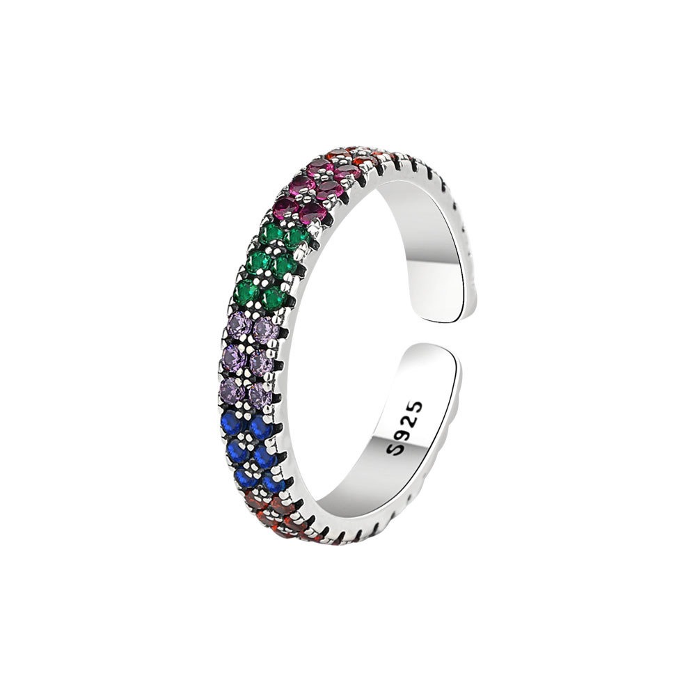 S925 Sterling Silver Ring Opening Adjustable Rainbow Full Diamond Ladies Ring