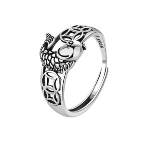 S925 Sterling Silver Ring Opening Adjustable Koi Copper Coin Ring Women's Ring