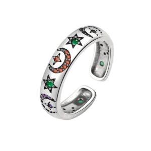S925 sterling silver ring opening adjustable color zircon star moon ring for women