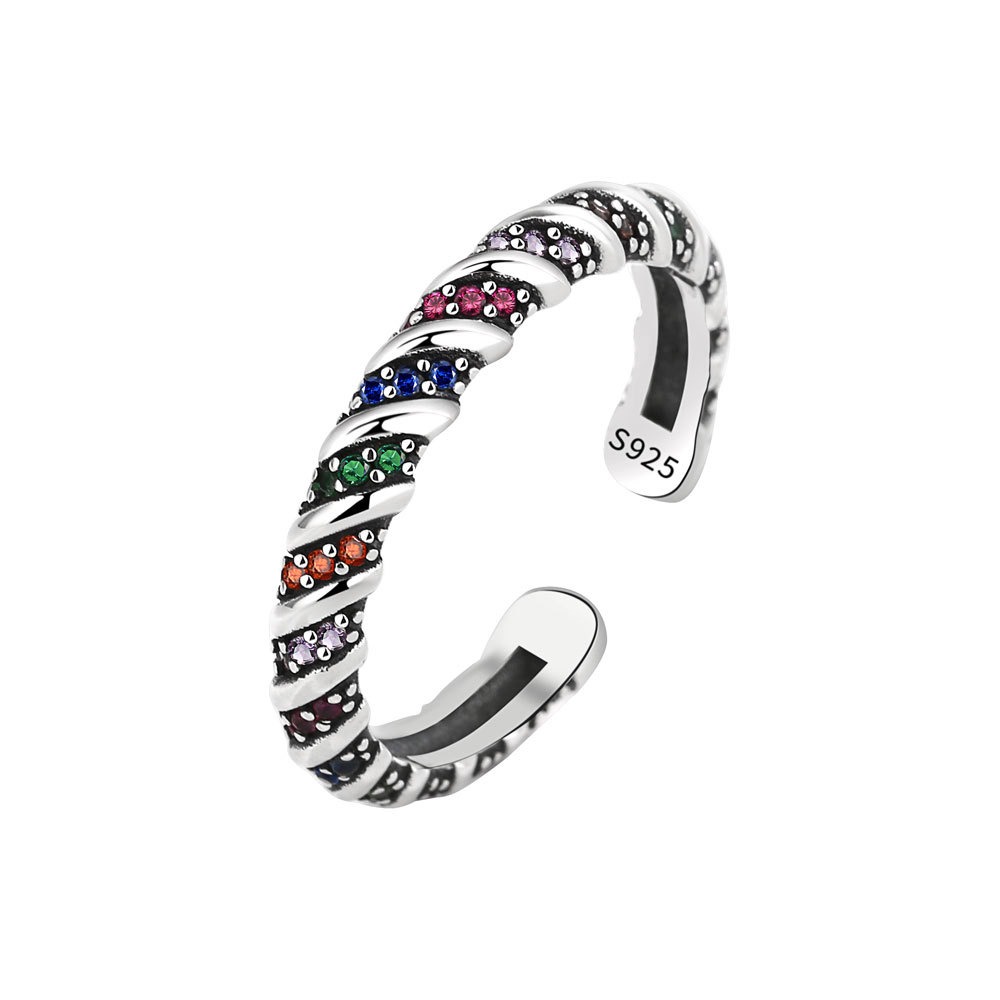 S925 Sterling Silver Ring Opening Adjustable Colored Striped Women's Ring