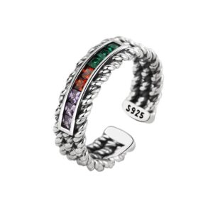 S925 Sterling Silver Ring Opening Adjustable Colored Striped Women's Ring