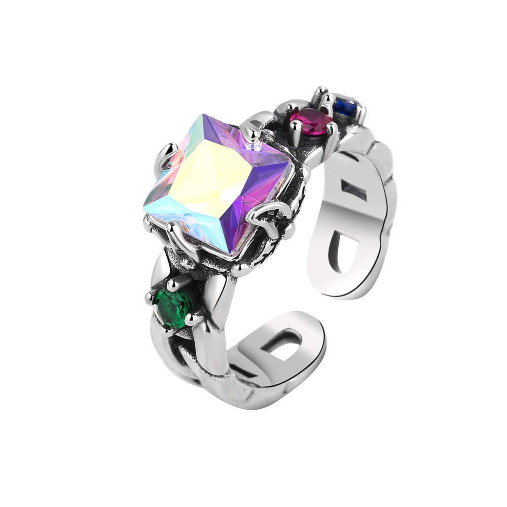 S925 sterling silver ring opening adjustable colorful zircon women's ring