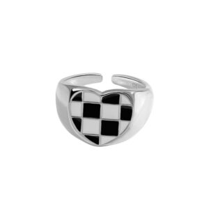 S925 sterling silver ring opening adjustable heart shape black and white checkerboard ring for women