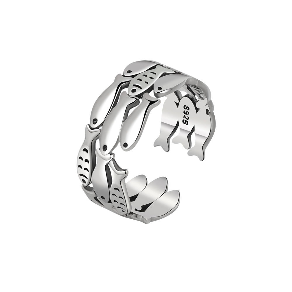 S925 sterling silver ring opening adjustable small fish women's ring
