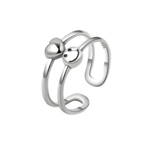 S925 sterling silver ring opening adjustable heart smiley face ring for women