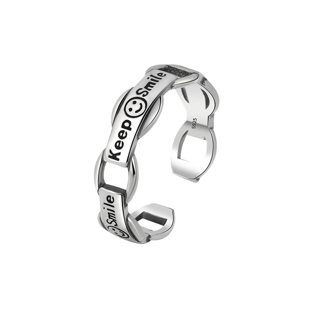 S925 Sterling Silver Ring Opening Adjustable Smiley Chain Women's Ring