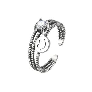 S925 sterling silver ring opening adjustable smiley face ring for women