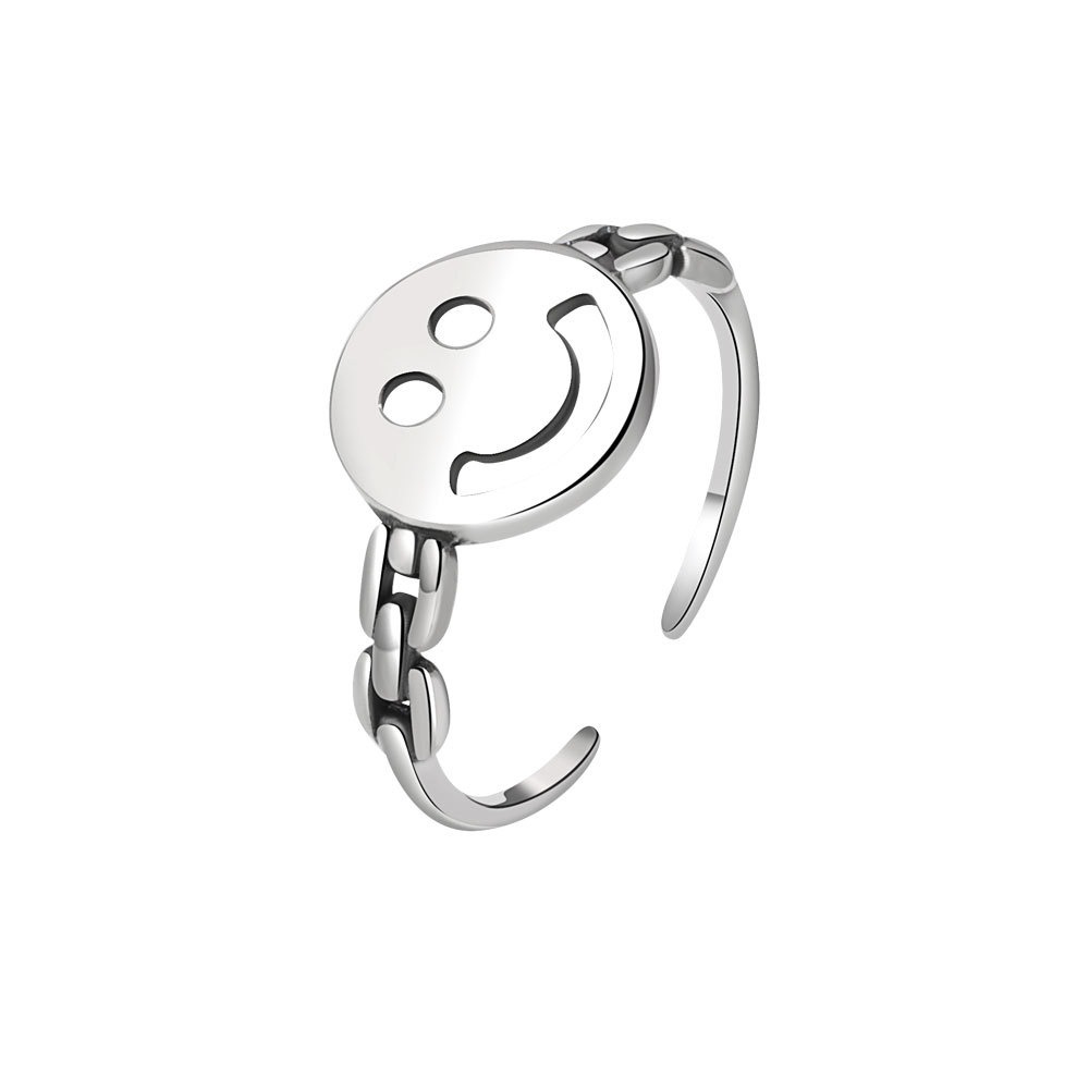 S925 sterling silver ring opening adjustable twist smiley face ring for women