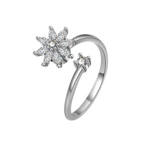 S925 sterling silver ring opening adjustable rotating snowflake ring for women