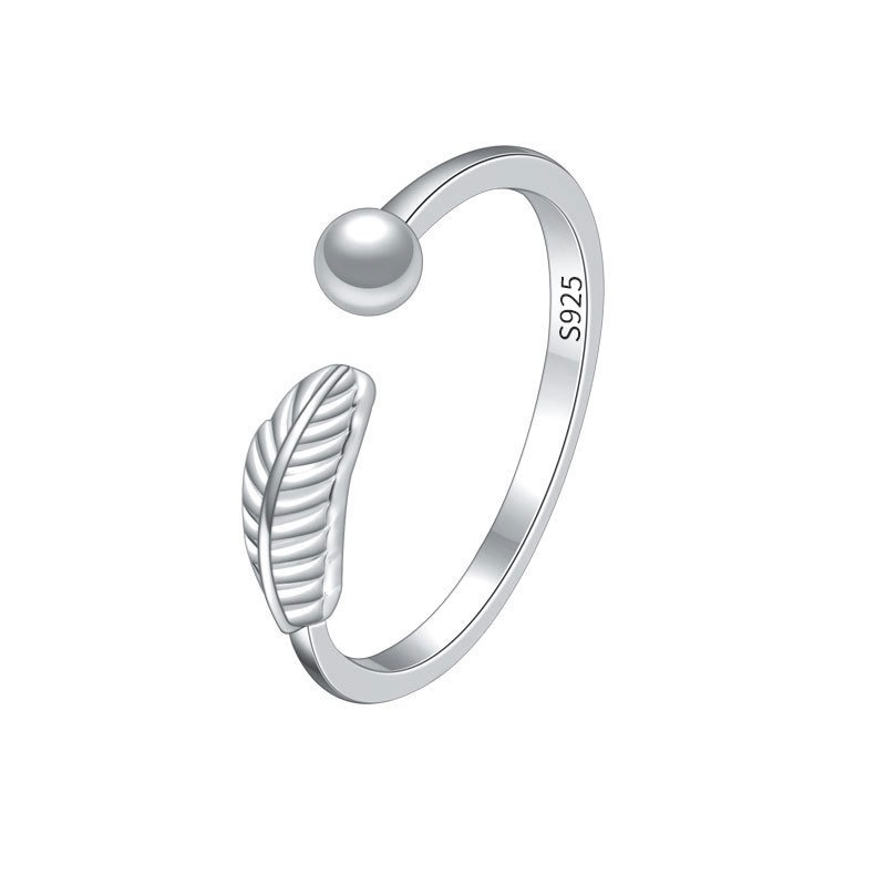 S925 Sterling Silver Ring Opening Adjustable Feather Ring for Women