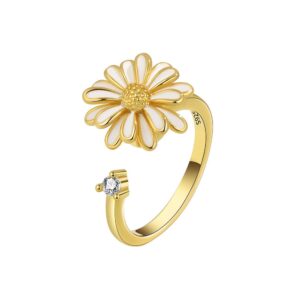 S925 sterling silver ring opening adjustable rotating sunflower ring for women