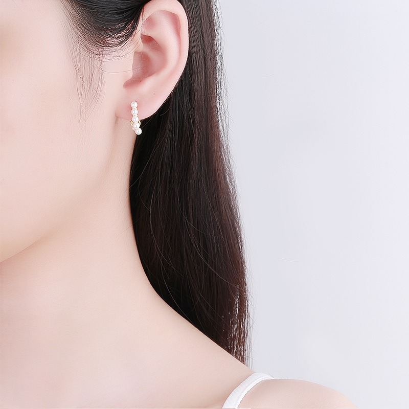 S925 sterling silver stud earrings pearl hoop earrings - Image 5