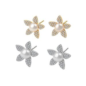 S925 sterling silver stud earrings round pearl flower earrings