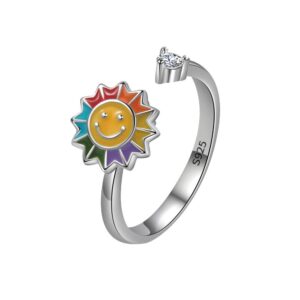 S925 Sterling Silver Ring Opening Adjustable Rotating Sunflower Ring for Women