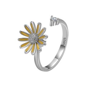 S925 sterling silver ring opening adjustable rotating sunflower ring for women