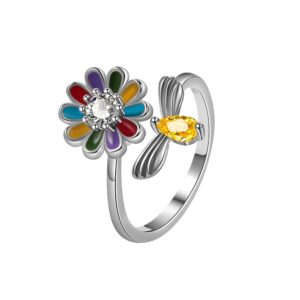 S925 Sterling Silver Ring Opening Adjustable Rotating Bee Flower Ring for Women