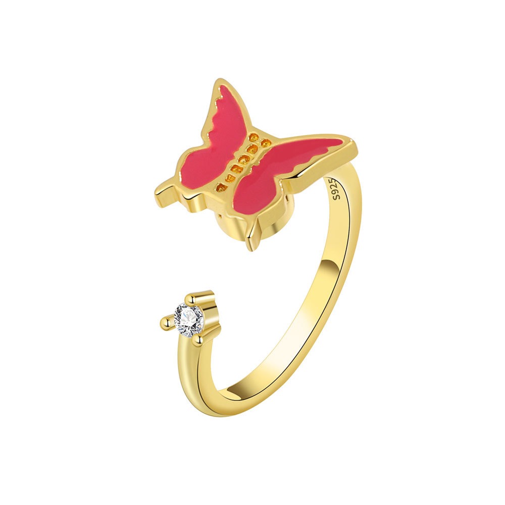 S925 sterling silver ring opening adjustable rotating butterfly ring for women