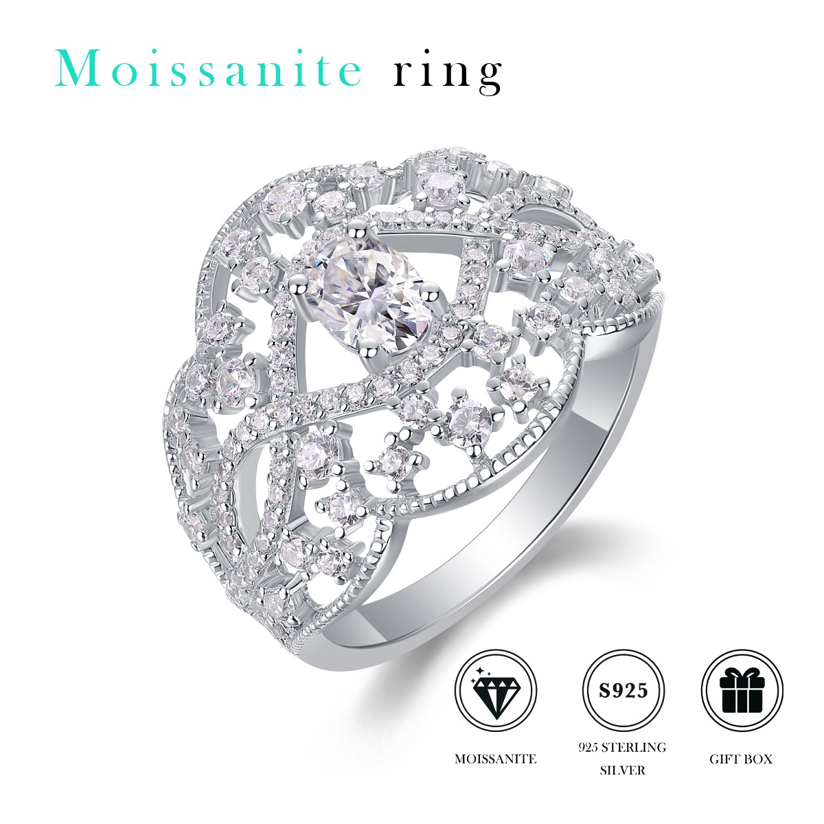 High Quality 925 Sterling Silver Ring Women's Romantic Ring Rhodium Plated Diamond Stone