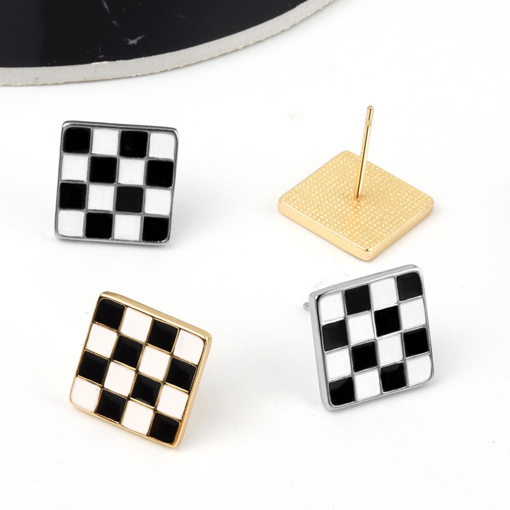 S925 sterling silver stud earrings square black and white checkerboard earrings - Image 4