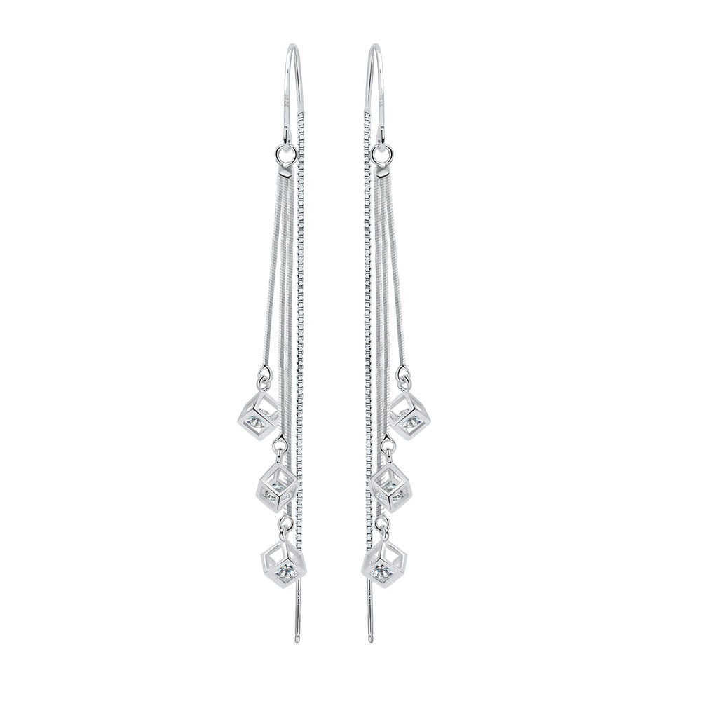 S925 sterling silver stud earrings long tassel cube earrings