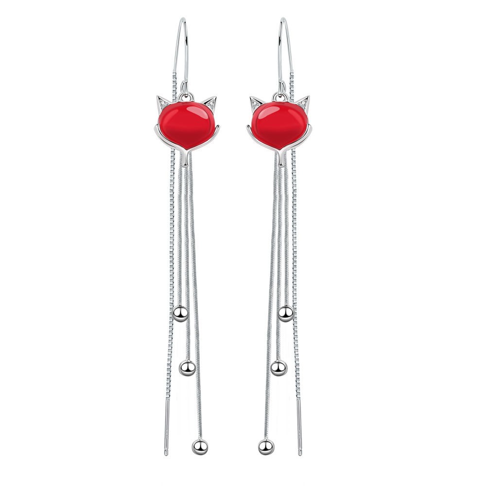S925 sterling silver stud earrings tassel red fox earrings