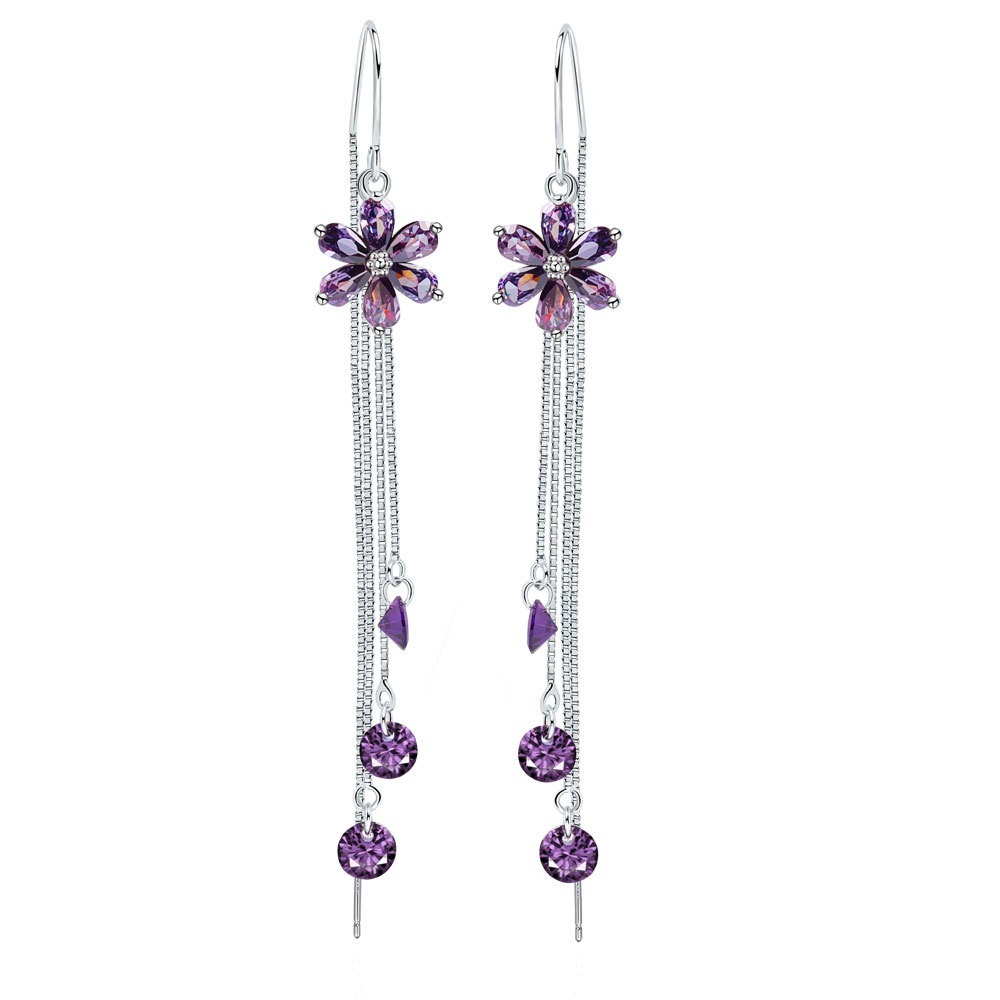 S925 sterling silver stud earrings tassel crystal flower earrings