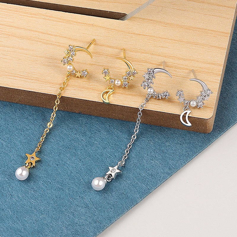 S925 sterling silver stud earrings tassel star moon earrings - Image 4