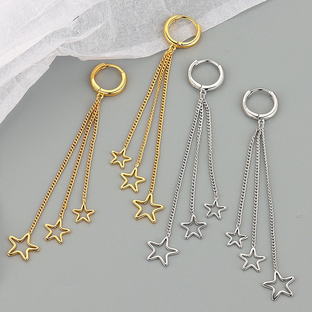 S925 sterling silver stud earrings with tassel cut-out star earrings - Image 4