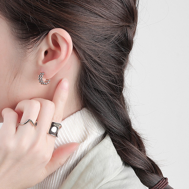 S925 sterling silver stud earrings with two rows of beaded earrings - Image 4