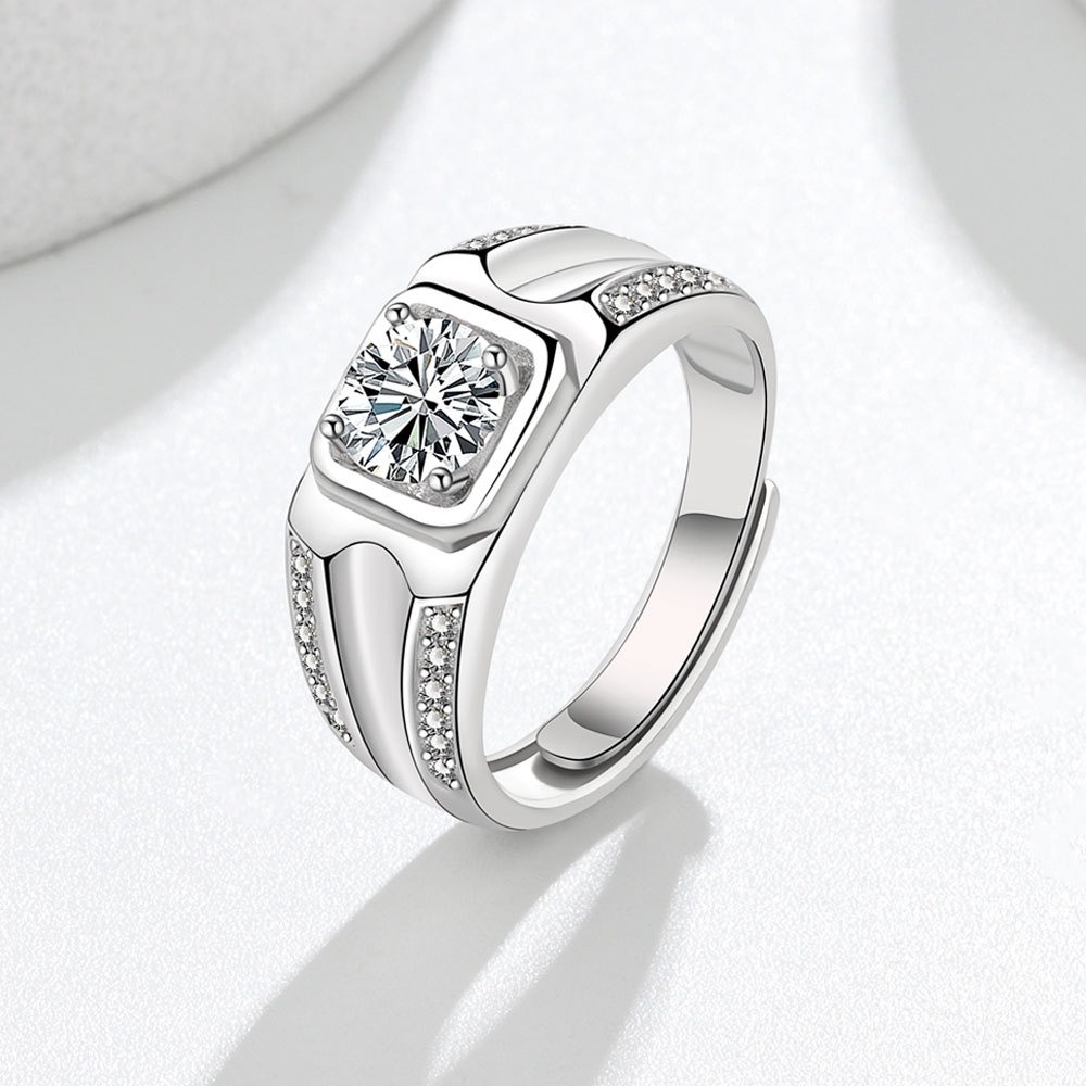 S925 Sterling Silver Ring 1 Carat GRA Moissanite Open Adjustable Men's Ring - Image 2