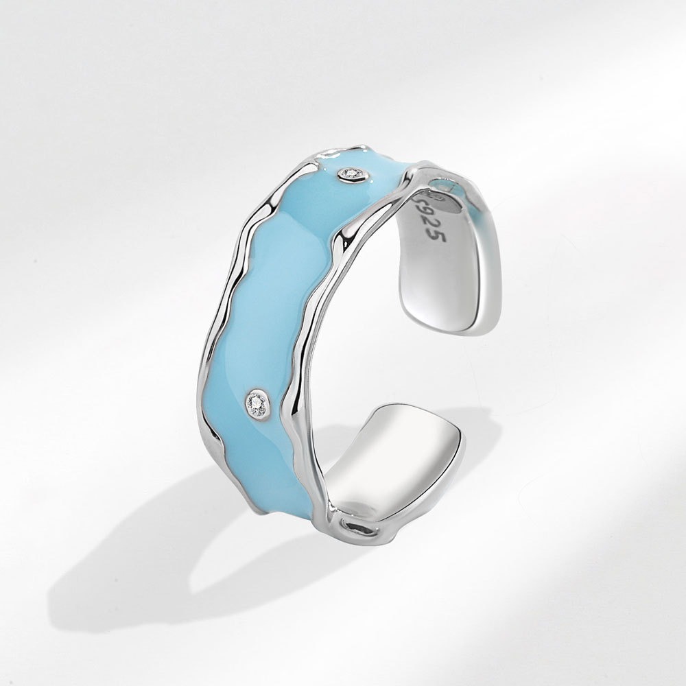 S925 sterling silver ring opening adjustable blue dripping oil zircon couple ring - Image 3