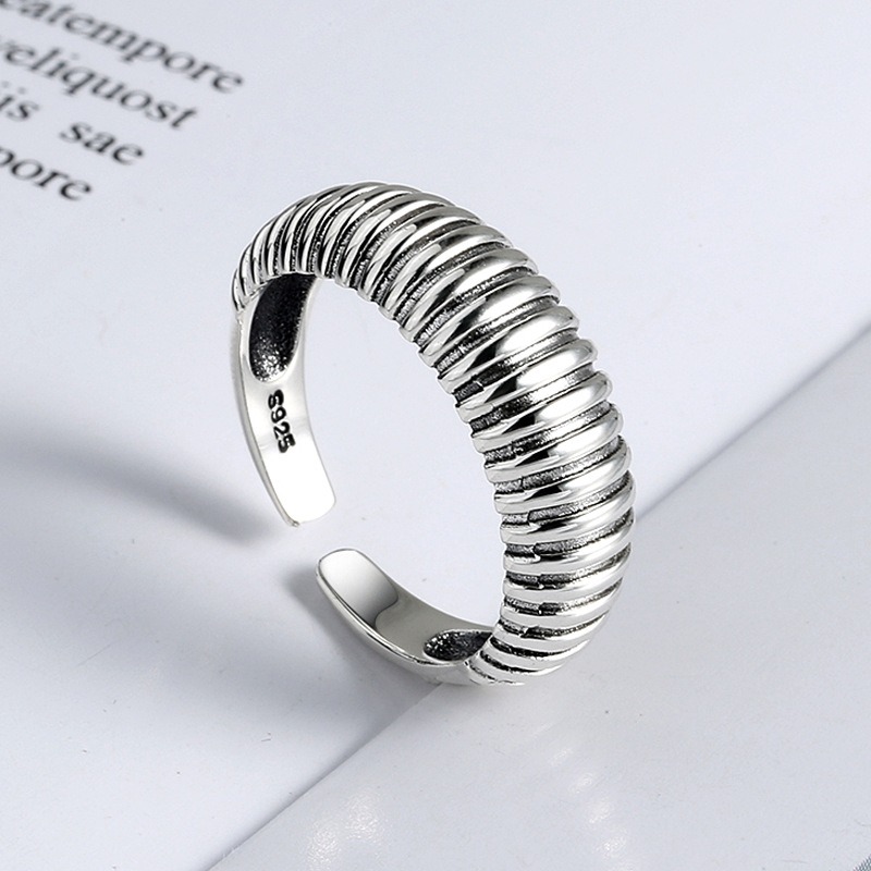 S925 sterling silver ring opening adjustable glossy stripe ring - Image 2