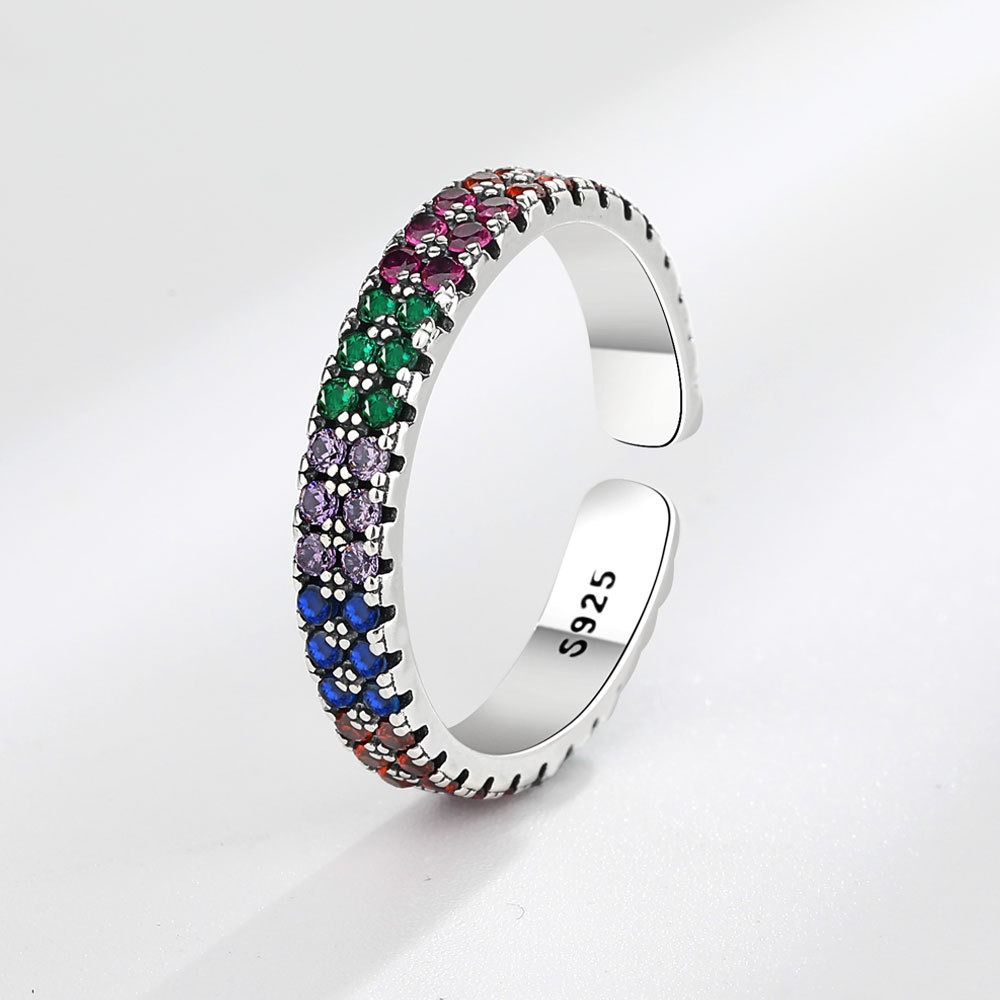 S925 Sterling Silver Ring Opening Adjustable Rainbow Full Diamond Ladies Ring - Image 2