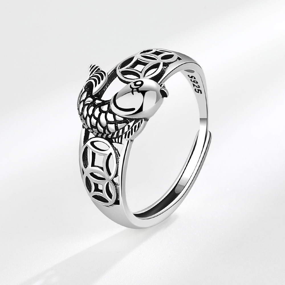 S925 Sterling Silver Ring Opening Adjustable Koi Copper Coin Ring Women's Ring - Image 2