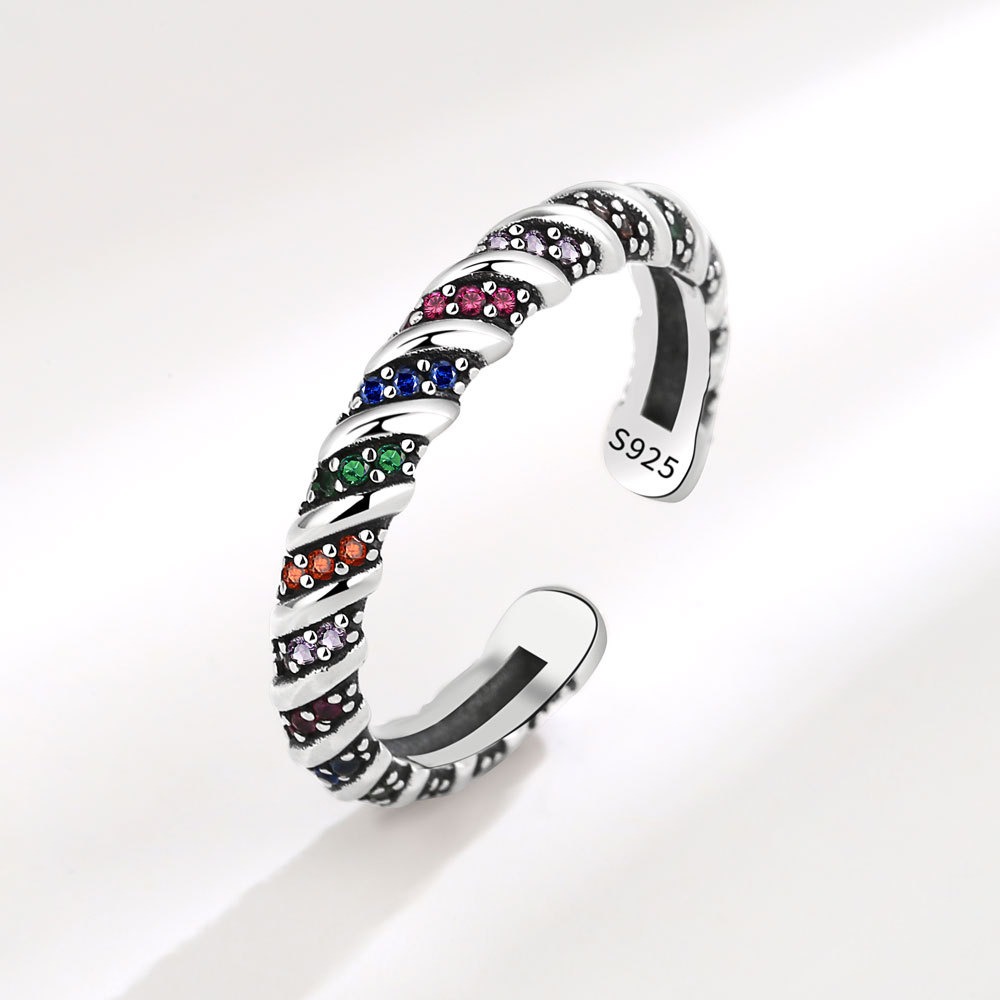 S925 Sterling Silver Ring Opening Adjustable Colored Striped Women's Ring - Image 2