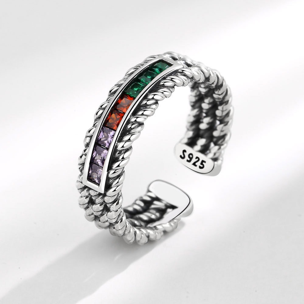 S925 Sterling Silver Ring Opening Adjustable Colored Striped Women's Ring - Image 2
