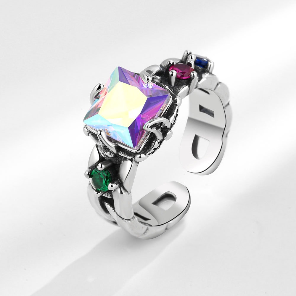 S925 sterling silver ring opening adjustable colorful zircon women's ring - Image 2