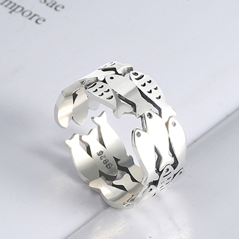 S925 sterling silver ring opening adjustable small fish women's ring - Image 5