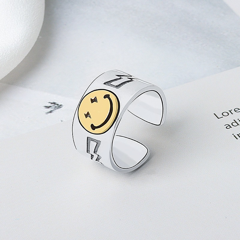 S925 sterling silver ring opening adjustable smiley face ring for women - Image 2