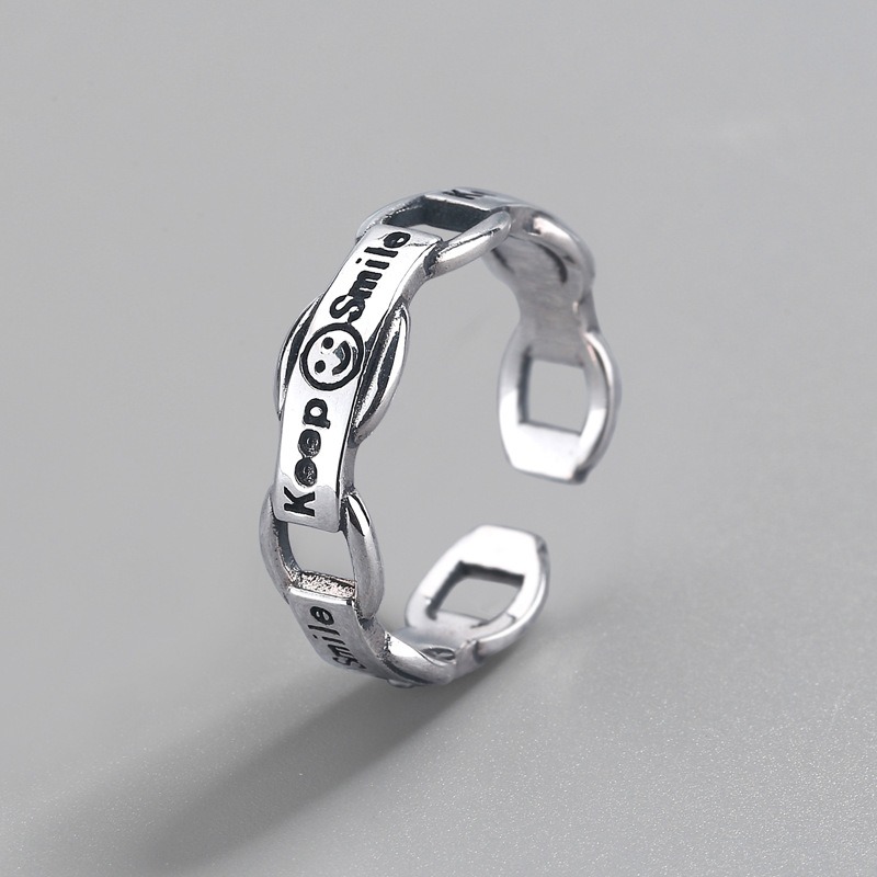 S925 Sterling Silver Ring Opening Adjustable Smiley Chain Women's Ring - Image 2