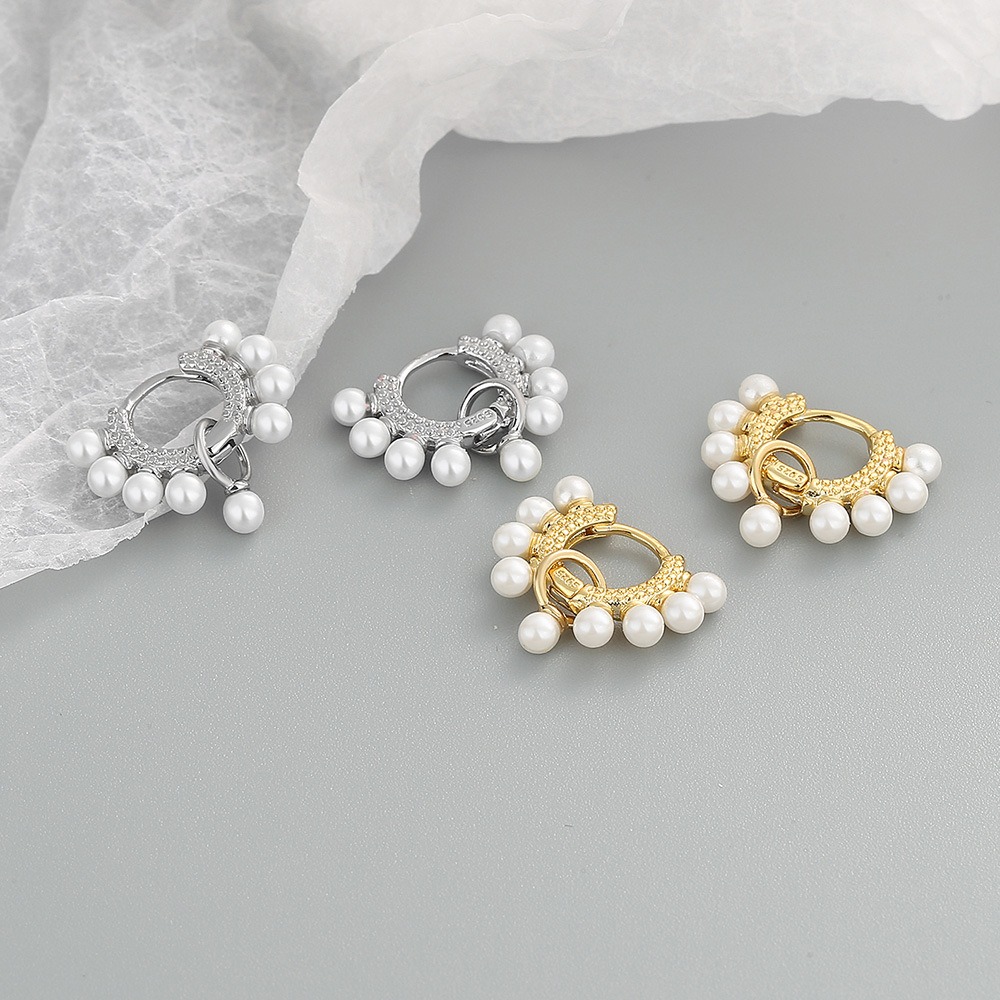 S925 sterling silver stud earrings pearl hoop earrings - Image 4